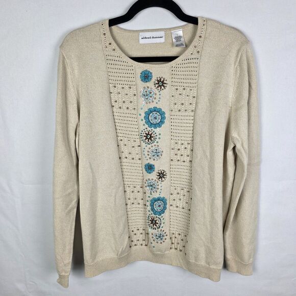 ALFRED DUNNER Ivory Cream Turquoise Flower Sweater Embroidered Beaded Size Large - Picture 1 of 5